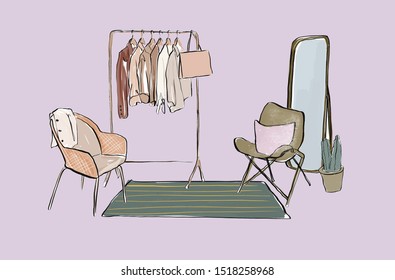 Set floor hanger with clothes, a mirror, two armchairs and coffee. Watercolor interior sketch of a showroom. 
