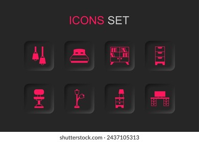Set Floor lamp, Big bed, Lamp hanging, Furniture nightstand with, Chest of drawers, Office desk, Library bookshelf and chair icon. Vector