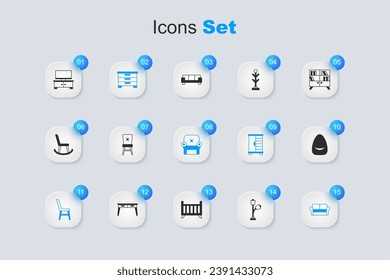 Set Floor lamp, Chair, Chest of drawers, Sofa, Pouf, TV table stand and Armchair icon. Vector