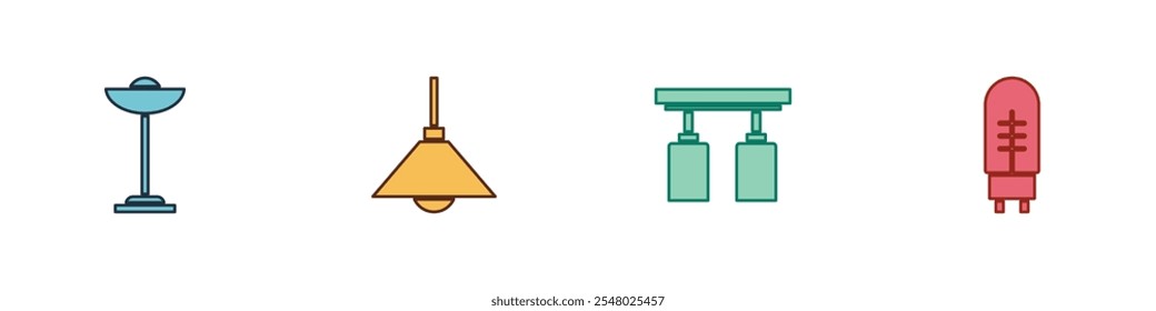 Set Floor lamp, Lamp hanging, Led track lights and lamps and Light emitting diode icon. Vector
