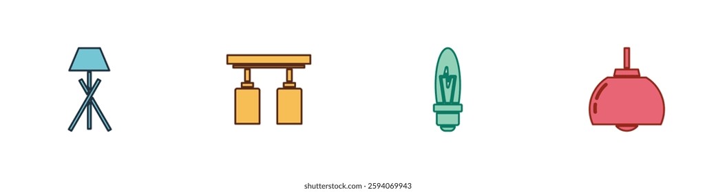 Set Floor lamp, Led track lights and lamps, Light bulb and Chandelier icon. Vector