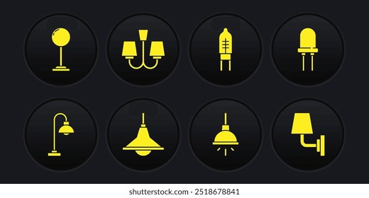 Lámpara de pie, diodo emisor de luz, lámpara, lámpara de pared e icono. Vector