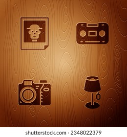 Set Floor lamp, Photo, camera and Retro audio cassette tape on wooden background. Vector