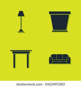 Set Floor lamp, Sofa, Wooden table and Flower pot icon. Vector