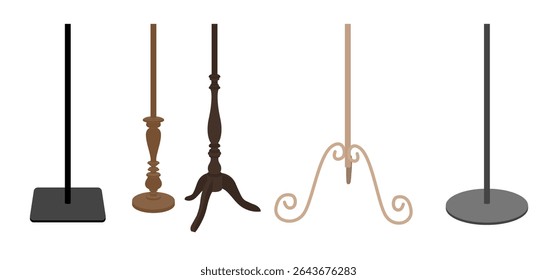 Set of floor lamp stands in different styles. Vector illustration of metal, wooden, and vintage lamp bases. Isolated on white background.