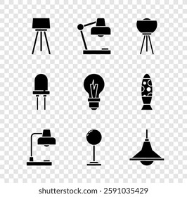 Set Floor lamp, Table, Chandelier, Light emitting diode and bulb icon. Vector