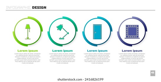 Set Floor lamp, Table lamp, Closed door and Makeup mirror with lights. Business infographic template. Vector