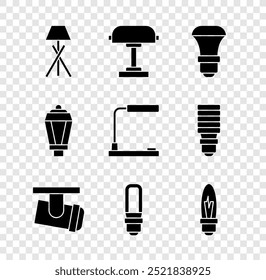 Set Floor lamp, Table, LED light bulb, Led track lights and lamps, Light, Garden and  icon. Vector