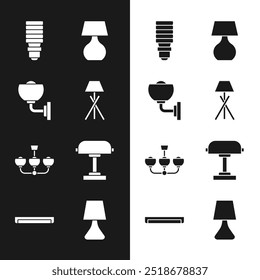 Set Stehleuchte, Wandleuchte, LED-Glühbirne, Tisch, Kronleuchter und Leuchtstoffsymbol. Vektorgrafik