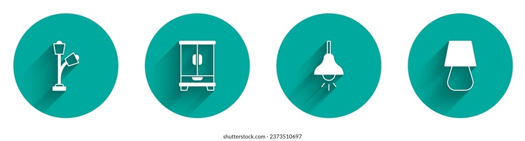 Set Floor lamp, Wardrobe, Lamp hanging and Table icon with long shadow. Vector