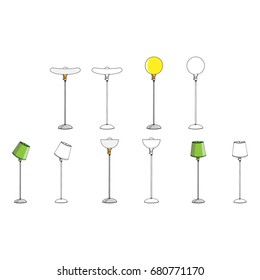 A set of floor lamps with different shades and lampshades. Vector illustration.