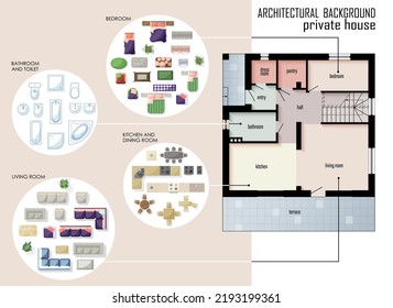 Set of Floor Plan and furniture top view for interior design of private house. Kit of Architectural Technical design elements. Townhouse, cottage. Apartment architectural CAD drawing Vector collection