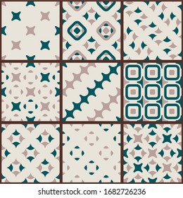 Set of Floor Tiles with Abstract Decorative Geometric Ornament. Combination colors of green, and brown.