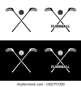Set of floorball icons of ball and sticks on white and black background - vector illustration