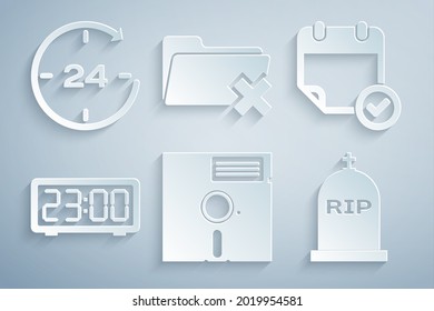 Set Floppy disk in the 5.25-inch, Calendar with check mark, Digital alarm clock, Tombstone RIP written, Delete folder and Clock 24 hours icon. Vector