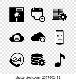 Set Floppy disk in the 5.25-inch, Calendar and clock, Server setting, Telephone 24 hours support, Setting database server and Music note, tone icon. Vector