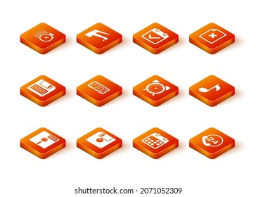 Ajuste el disquete en el icono de 5.25 pulgadas, , , despertador digital, Calendario y alarma. Vector