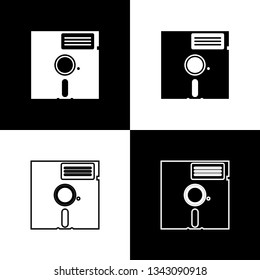 Set Floppy disk in the 5.25-inch icons isolated on black and white background. Floppy disk for computer data storage. Diskette sign. Line, outline and linear icon. Vector Illustration