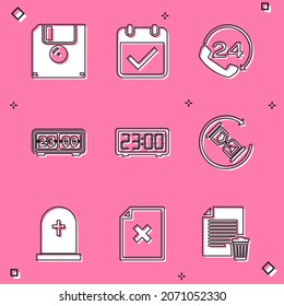 Set Floppy disk, Calendar with check mark, Telephone 24 hours support, Retro flip clock, Digital alarm and Waiting icon. Vector