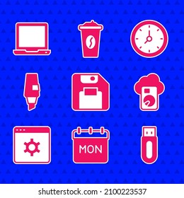Set Floppy disk, Calendar, USB flash drive, Cloud database, Browser setting, Marker pen, Clock and Laptop icon. Vector