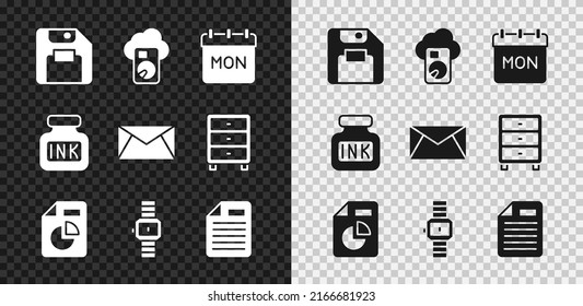 Set Floppy disk, Cloud database, Calendar, Document with graph chart, Wrist watch, File document, Inkwell and Mail and e-mail icon. Vector