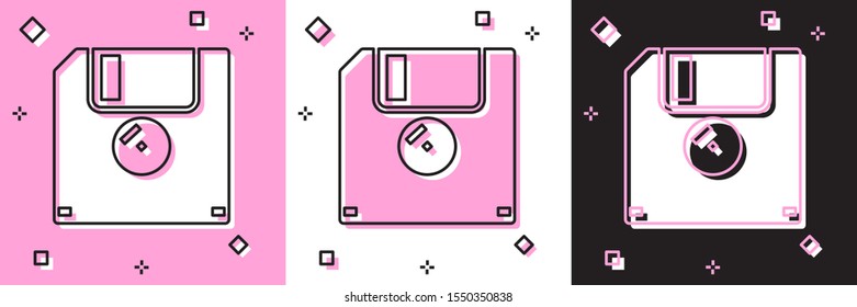 Set Floppy disk for computer data storage icon isolated on pink and white, black background. Diskette sign.  Vector Illustration