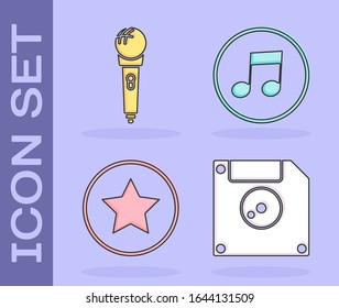 Set Floppy disk for computer data storage, Microphone, Star and Music note, tone icon. Vector