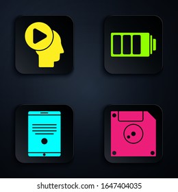 Set Floppy disk for computer data storage, Head people with play button, Tablet and Battery charge level indicator. Black square button. Vector