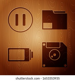 Set Floppy disk for computer data storage, Pause button, Battery charge level indicator and Document folder on wooden background. Vector
