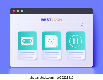 Set Floppy disk for computer data storage, Retro audio cassette tape and Pause button icon. Vector