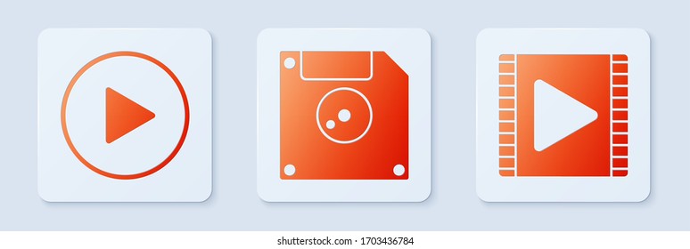Set Floppy disk for computer data storage, Play in circle and Play Video. White square button. Vector