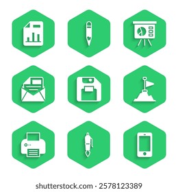 Set Floppy disk, Fountain pen nib, Mobile phone, Mountains with flag top, Printer, Mail and e-mail, Board graph and Document chart icon. Vector