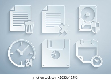 Set Floppy disk, Hard drive HDD protection, Clock 24 hours, Calendar and clock, Delete file document and  icon. Vector