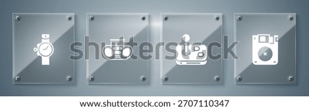 Set Floppy disk, Joystick, Home stereo with two speakers and Wrist watch. Square glass panels. Vector