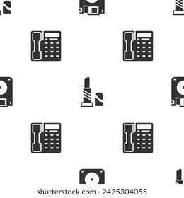 Legen Sie Disketten, Lippenstifte und Telefonhörer auf ein nahtloses Muster fest. Vektor