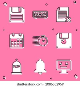 Set Floppy disk, Retro flip clock, Delete file document, Calendar, Stopwatch and  icon. Vector