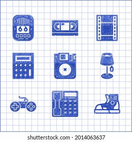 Set Floppy disk, Telephone handset, Sport sneakers, Floor lamp, Gamepad, Calculator, Play Video and Cassette tape player icon. Vector