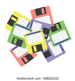 Set of floppy disks in 3.5 inch format with 1.44 MB capacity as commonly used in the late 80s/early 90s as storage medium for computer data. 