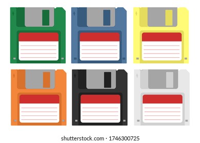 A set of floppy disks. Green, blue, yellow, orange, black, white magnetic floppy disk. Digital data device. Flat style. White background.