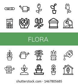 Set of flora icons such as Mint, Watering can, Sprout, Rose, Carnivorous plant, Plant, Potting soil, Flower pot, Flower, Eco , flora