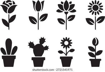 Conjunto de silhuetas de flora, isoladas em um fundo branco, perfeito para projetos de design botânico, natureza, jardinagem, ecológico e com temática vegetal.