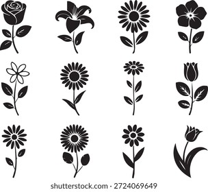 Conjunto de siluetas de flora, aisladas sobre un fondo blanco, perfecto para proyectos de diseño botánico, de naturaleza, de jardinería, ecológico y de temática vegetal.