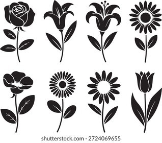 Conjunto de siluetas de flora, aisladas sobre un fondo blanco, perfecto para proyectos de diseño botánico, de naturaleza, de jardinería, ecológico y de temática vegetal.