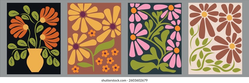 Set of floral abstract botanical compositions. Illustrations in the style of Matisse. Set of vector compositions for a postcard, poster, invitation