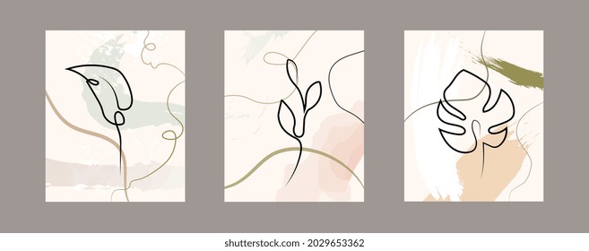 Set of floral abstract linear leaves on grey background. Cute shapes for wall decoration, postcard or brochure cover design or other creative use. Flat cartoon vector illustration