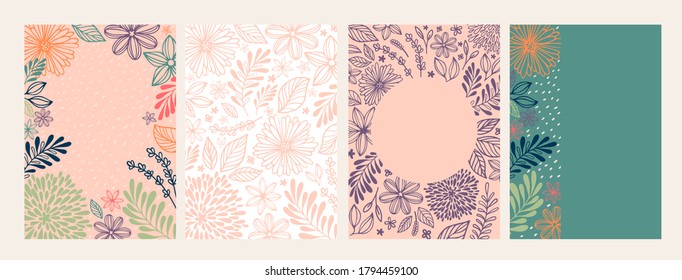Set of floral and abstract pattern with flowers, branches and leaves, hand drawn background. Sweet cute drawing in doodle style for design of childrens, romances, holidays
