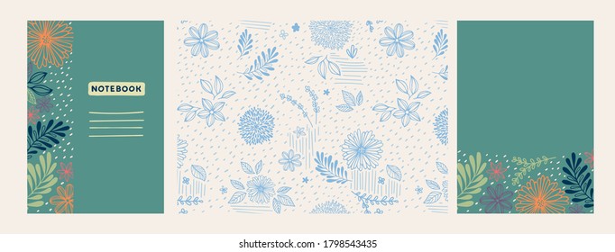 Set of floral and abstract pattern with flowers, branches and leaves, hand drawn background. Sweet cute drawing in doodle style for design of childrens, romances, holidays