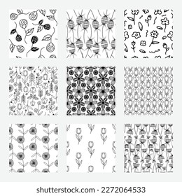 A set of floral abstract patterns. Black line art shapes. White background. Seamless repeat vector pattern
