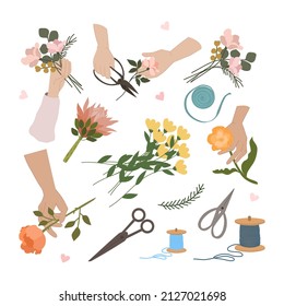 Set of floral accessories. Scissors, floral tape, flowers. View from above. Bouquet in hand, cutting flowers. Elegant female hands hold a flower. Flat vector illustration. Isolated on white background