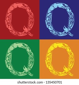 Set of Floral Alphabet letter Q different colors